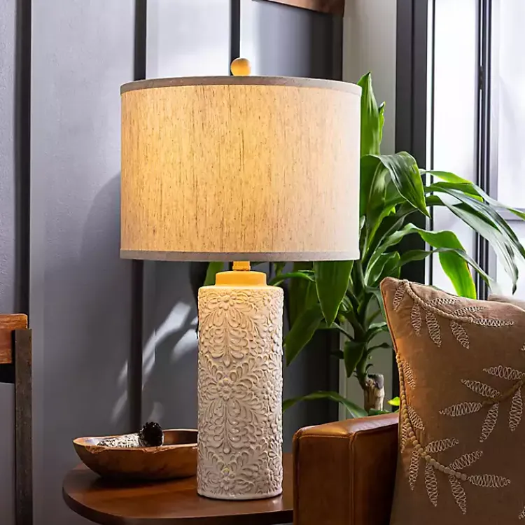 Kirklands Home Ivory Embossed Floral Cylinder Table Lamp Tan Discount