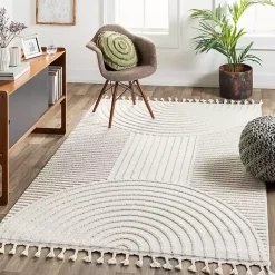 Kirklands Home Geometric Lines Tassel Area Rug, 6x9 Ivory Hot