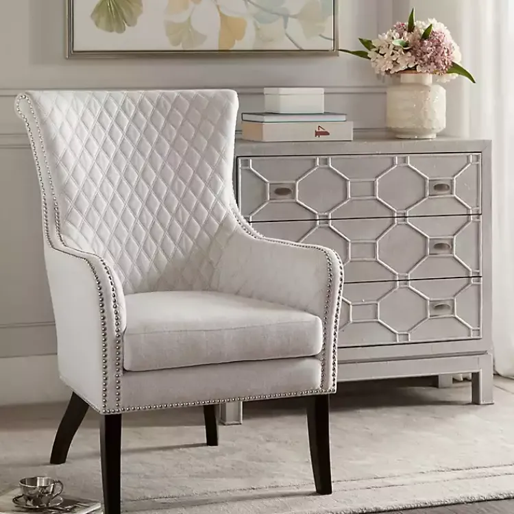 Kirklands Home Ivory Lanea Quilted Accent Chair with Silver Studs White Hot