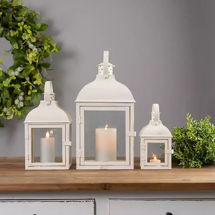 Lanterns>Kirklands Home Metal Slope Top Lanterns, Set of 3 Ivory