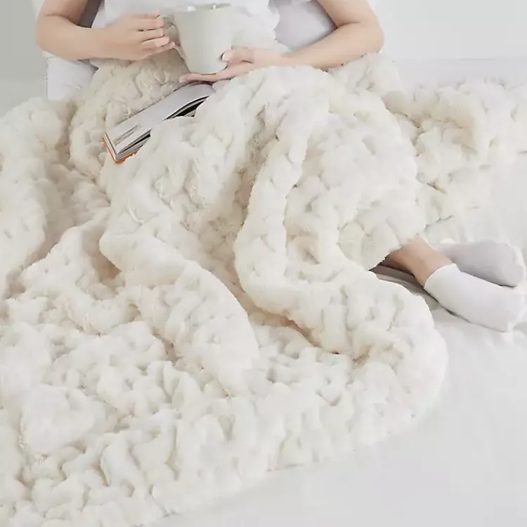 Blankets & Throws>Kirklands Home Ruched Fur Throw Ivory