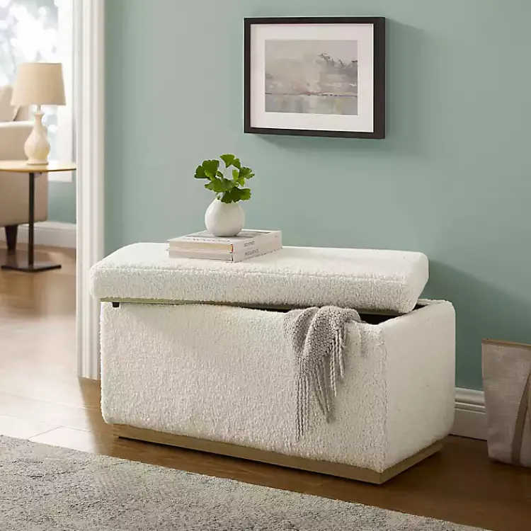Kirklands Home Ivory Sherpa & Pine Rectangle Storage Ottoman