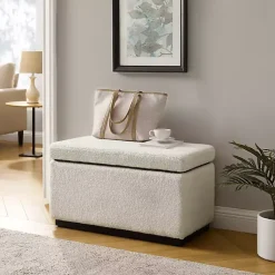 Kirklands Home Ivory Sherpa & Walnut Rectangle Storage Ottoman Outlet