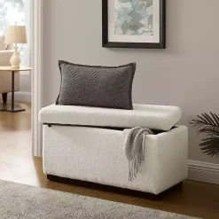Kirklands Home Ivory Sherpa & Walnut Rectangle Storage Ottoman Outlet
