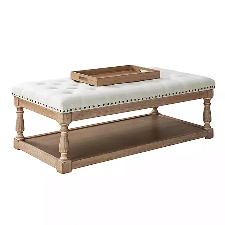 Kirklands Home Tufted Rectangle Wood Ottoman Ivory Sale