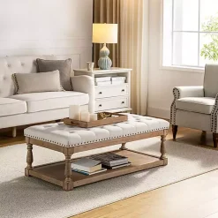 Kirklands Home Tufted Rectangle Wood Ottoman Ivory Sale