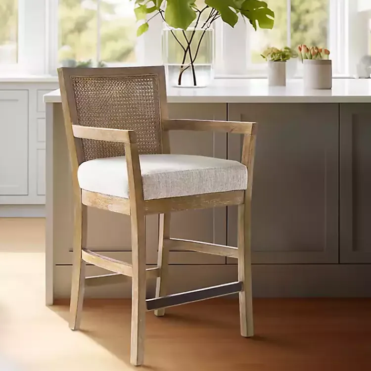 Kirklands Home Upholstered Cane Backrest Counter Stool Ivory Outlet