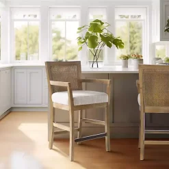 Kirklands Home Upholstered Cane Backrest Counter Stool Ivory Outlet