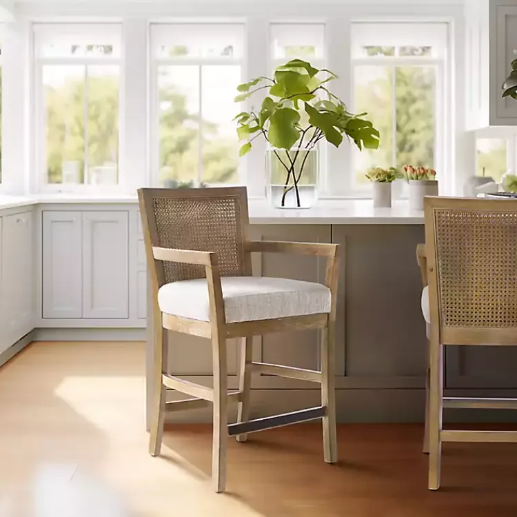 Kirklands Home Upholstered Cane Backrest Counter Stool Ivory Outlet