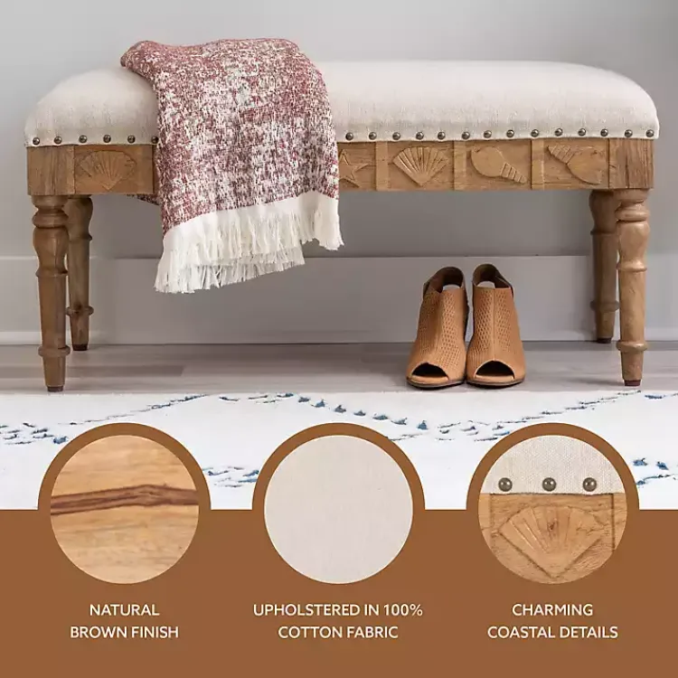 Kirklands Home Upholstered Seashell Wood Bench Ivory New