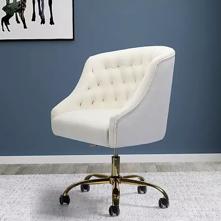Kirklands Home Velvet Tufted Golden Leg Swivel Office Chair Ivory