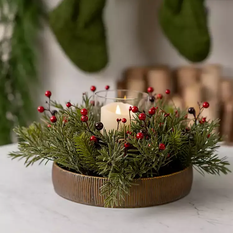 Arrangements & Greenery>Kirklands Home Japanese Pine and Red Berry Christmas Centerpiece