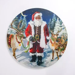Christmas Art & Wall Decor>Kirklands Home Jolly Santa with Reindeer Round Canvas Art Print Multi