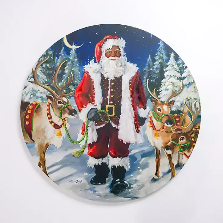 Christmas Art & Wall Decor>Kirklands Home Jolly Santa with Reindeer Round Canvas Art Print Multi