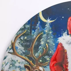 Christmas Art & Wall Decor>Kirklands Home Jolly Santa with Reindeer Round Canvas Art Print Multi
