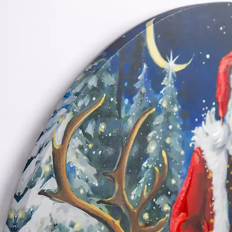 Christmas Art & Wall Decor>Kirklands Home Jolly Santa with Reindeer Round Canvas Art Print Multi