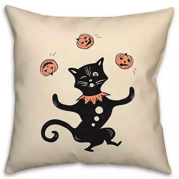 Halloween>Kirklands Home Juggling Cat Throw Pillow Ivory