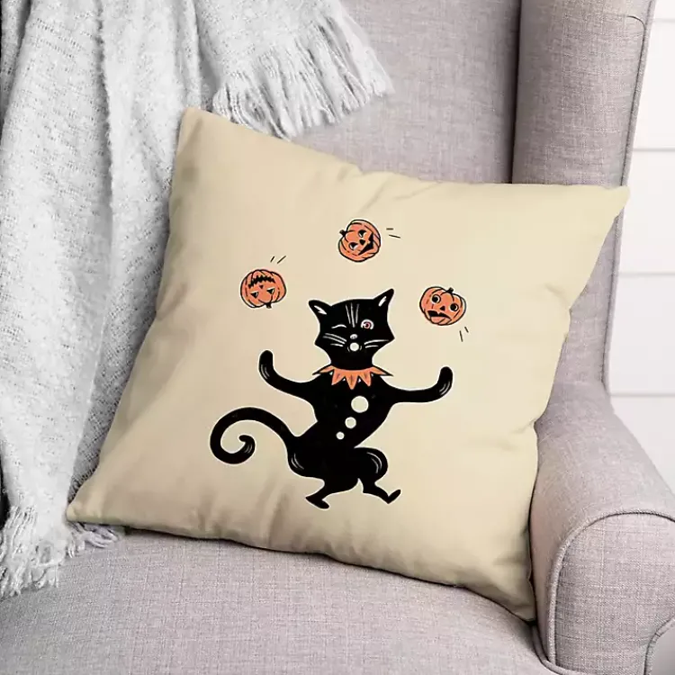 Halloween>Kirklands Home Juggling Cat Throw Pillow Ivory