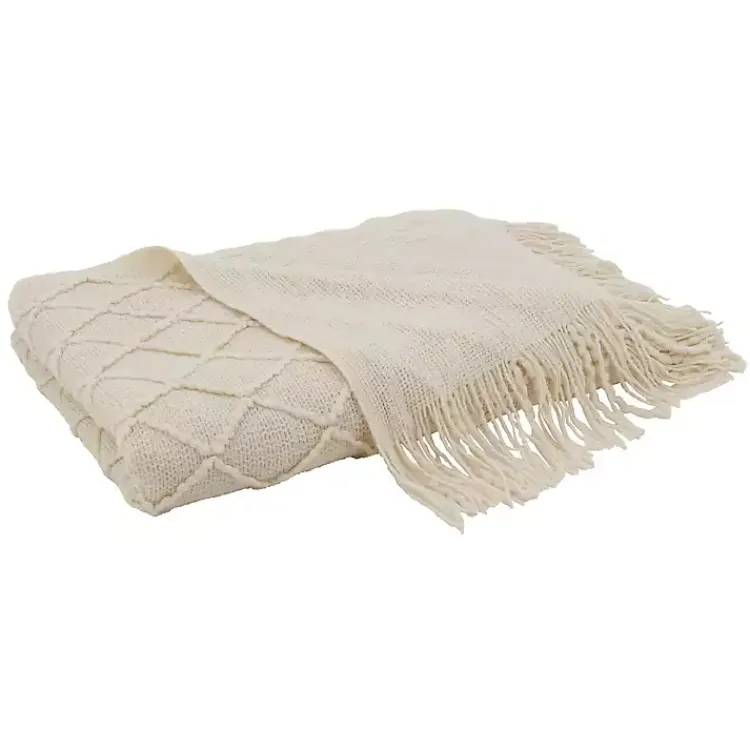Blankets & Throws>Kirklands Home Knitted Beige with Fringe Throw Blanket Tan