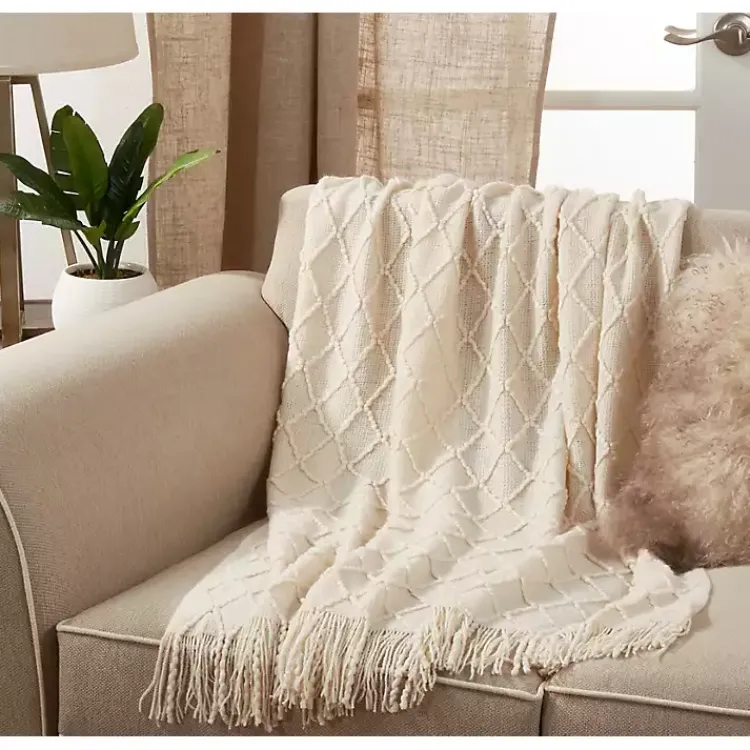 Blankets & Throws>Kirklands Home Knitted Beige with Fringe Throw Blanket Tan