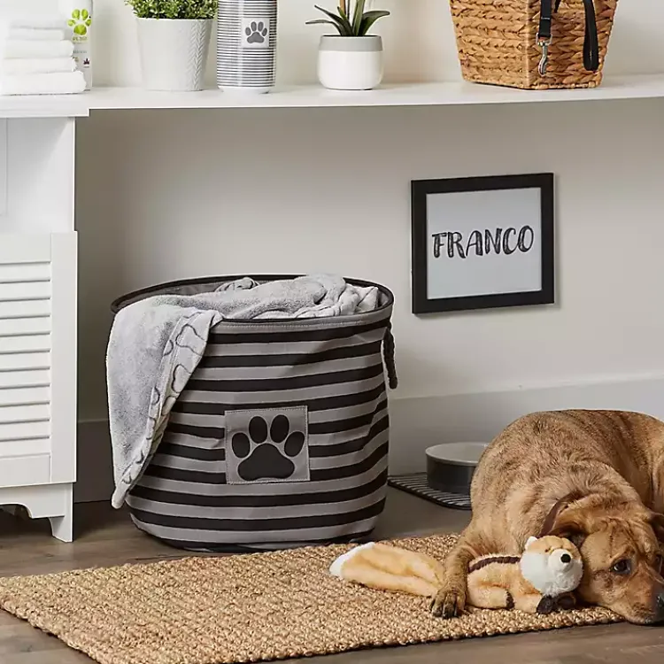 Baskets & Boxes>Kirklands Home Large Black Paw Patch Stripe Round Pet Basket