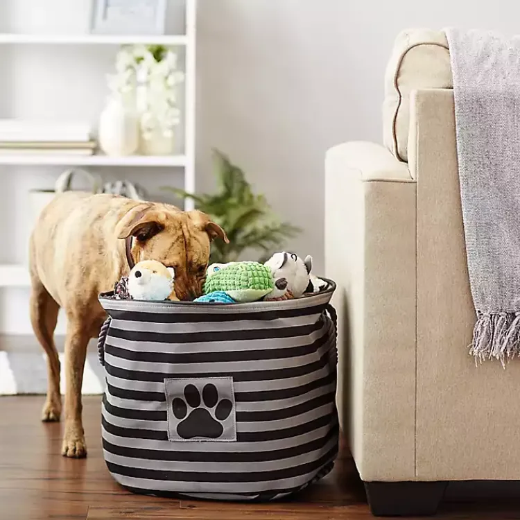 Baskets & Boxes>Kirklands Home Large Black Paw Patch Stripe Round Pet Basket