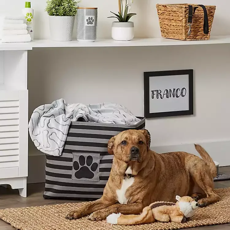 Baskets & Boxes>Kirklands Home Large Black Paw Print Striped Pet Basket