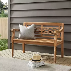 Kirklands Home Lattice Teakwood Slatted Outdoor Bench Tan Best