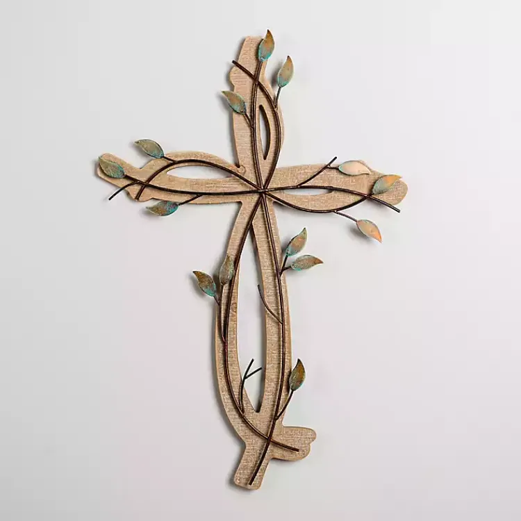 Kirklands Home Leafy Cross Wood and Metal Wall Plaque Brown Hot