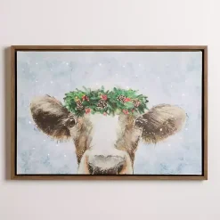 Christmas Art & Wall Decor>Kirklands Home LED Cow with Christmas Greenery Canvas Art Print