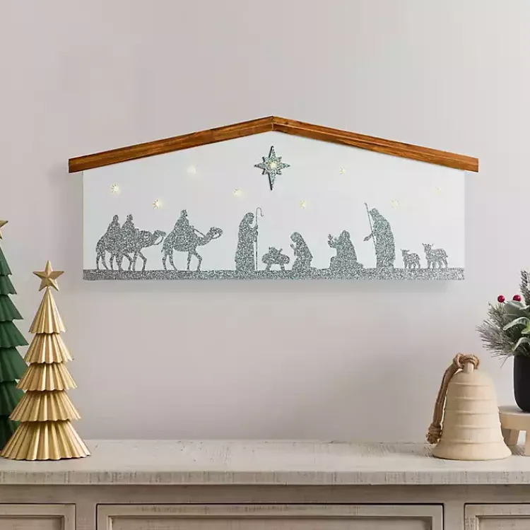 Christmas Art & Wall Decor>Kirklands Home LED Silver Glitter Nativity Wall Plaque