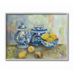 Kirklands Home Lemons in Blue Pottery Wooden Art Yellow New