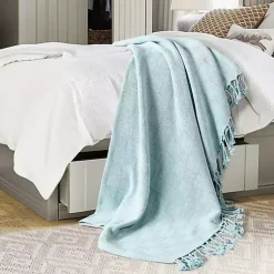 Blankets & Throws>Kirklands Home Light Checkered Weave Fringe Throw Blue