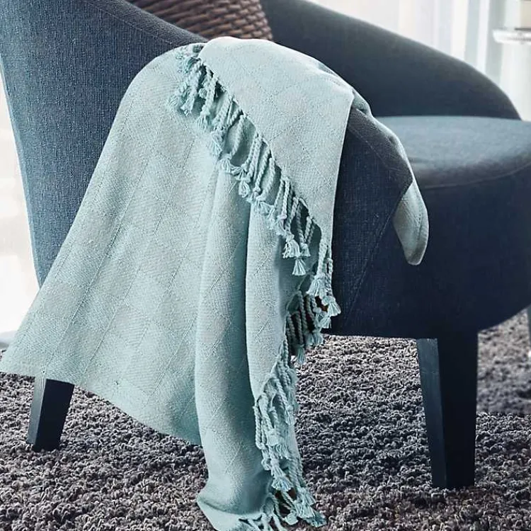 Blankets & Throws>Kirklands Home Light Checkered Weave Fringe Throw Blue