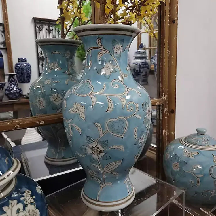 Vases>Kirklands Home Light Chinoiserie Vase Blue
