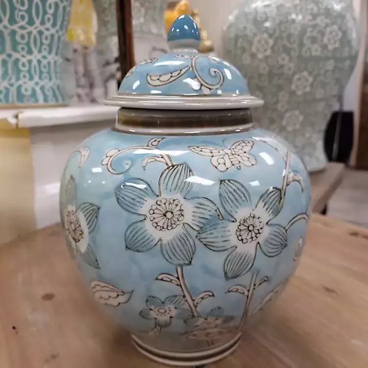 Decorative Bowls & Jars>Kirklands Home Light Floral Chinoiserie Jar Blue