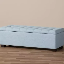 Kirklands Home Light Grid Tufted Upholstered Ottoman Blue Clearance