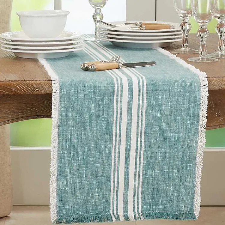 Kirklands Home Light Blue Striped Fringe Table Runner, 72 in. Online