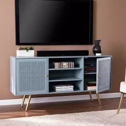 Kirklands Home Light Wood and Cane Media Cabinet Blue Best