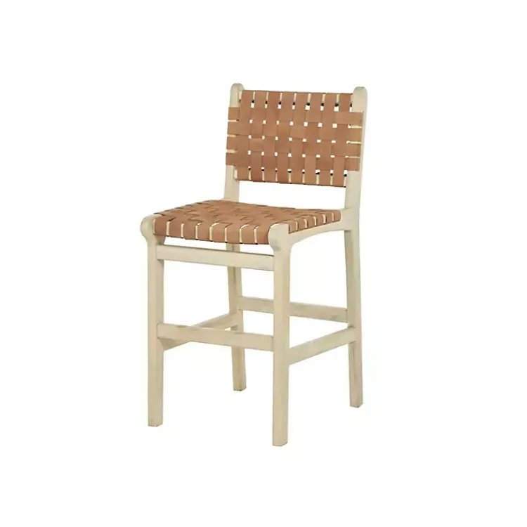 Kirklands Home Light Brown Woven Leather Wooden Counter Stool Tan