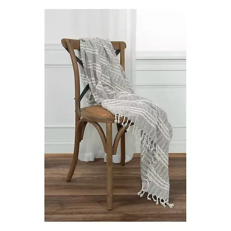 Blankets & Throws>Kirklands Home Light Gray and Ivory Striped Cotton Throw