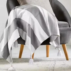 Blankets & Throws>Kirklands Home Light Gray Cabana Stripe Tassel Throw