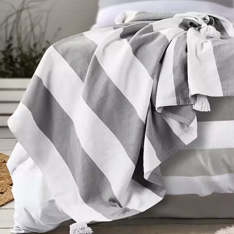 Blankets & Throws>Kirklands Home Light Gray Cabana Stripe Tassel Throw