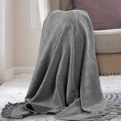 Blankets & Throws>Kirklands Home Light Checkered Weave Fringe Throw Gray