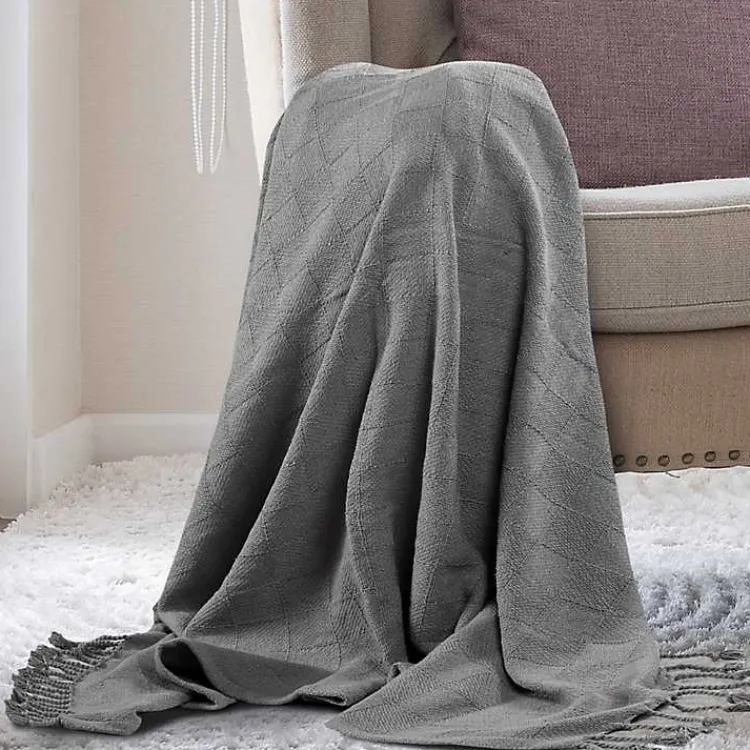 Blankets & Throws>Kirklands Home Light Checkered Weave Fringe Throw Gray
