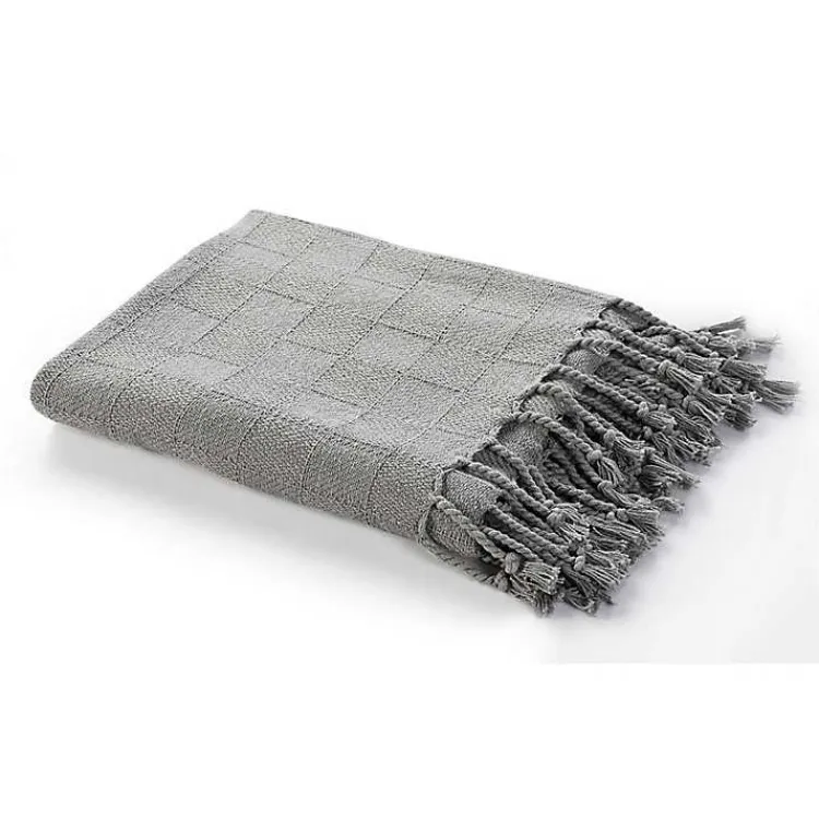 Blankets & Throws>Kirklands Home Light Checkered Weave Fringe Throw Gray