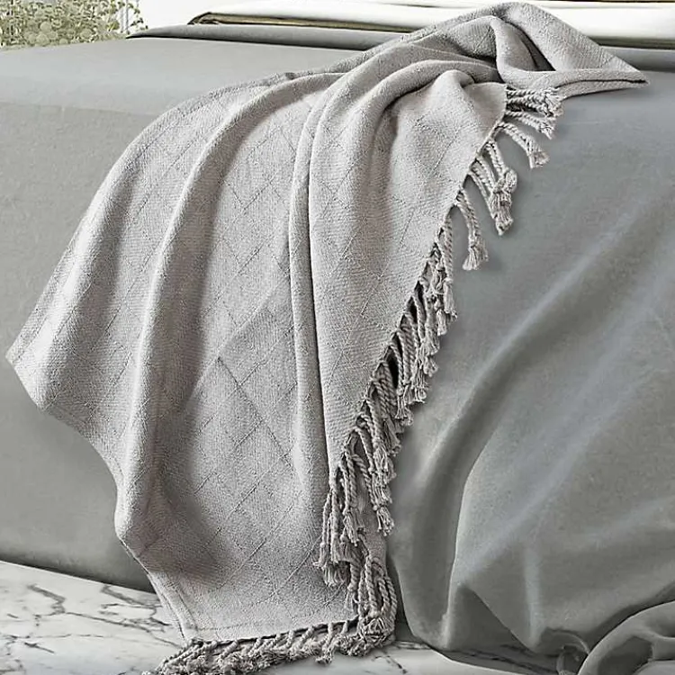 Blankets & Throws>Kirklands Home Light Checkered Weave Fringe Throw Gray