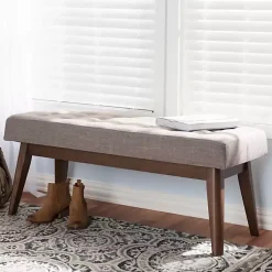 Kirklands Home Light Tufted Walnut Wood Bench Gray Sale