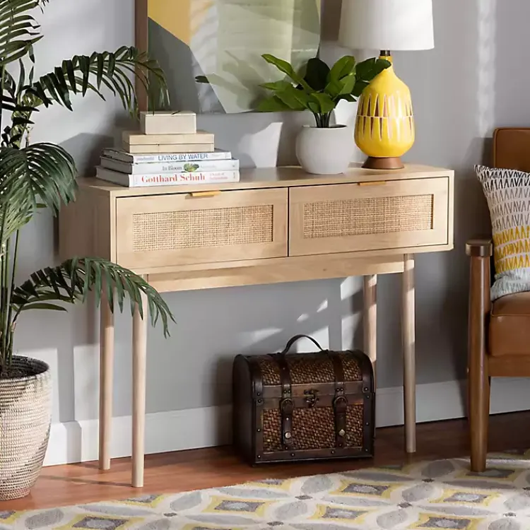 Kirklands Home Light Oak Rat and Wood Console Table Tan Sale