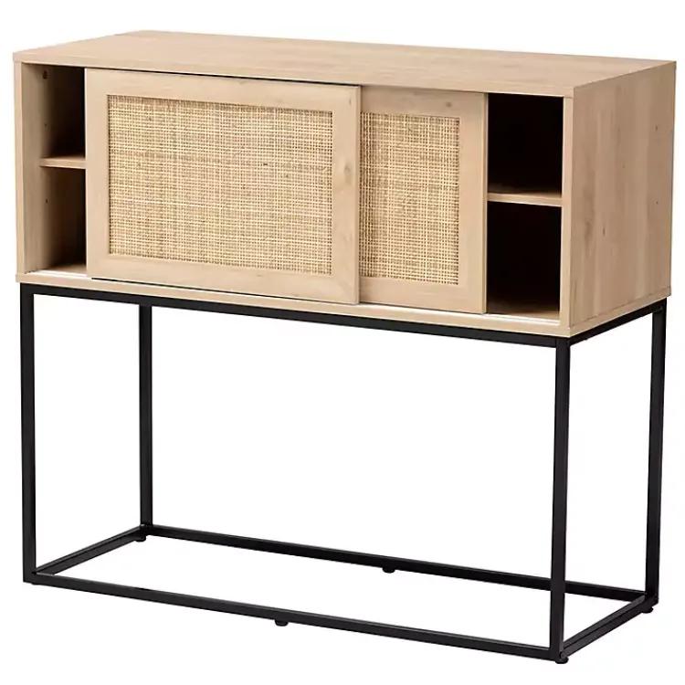 Kirklands Home Light Wood and Rat Sliding Door Cabinet Tan Clearance